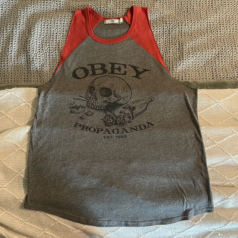 Grey and red OBEY women’s tank top.